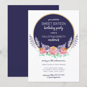 Country Navy Pink Lilac Wild Flower Sweet 16 Invitation