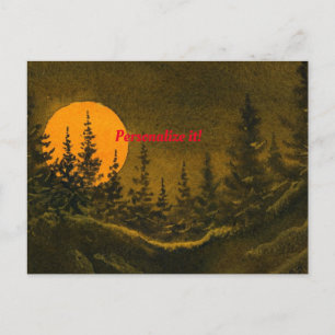 Country night landscape; hunter's or harvest moon announcement postcard