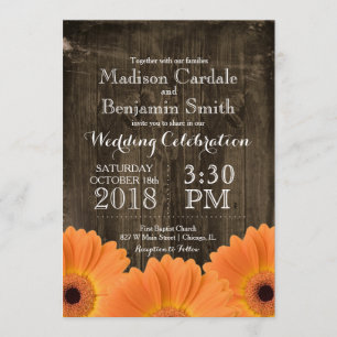 Country Orange Daisies Rustic Wood Wedding Invites