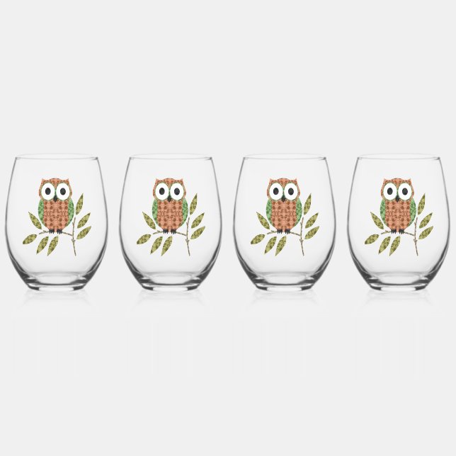 Country Owl  Stemless Wine Glass (Front)
