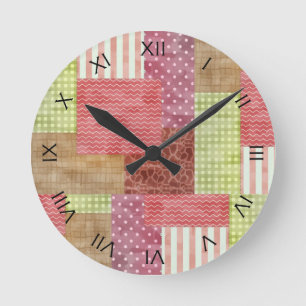 Country Patchwork Chic Pattern Quiltblocks Round Clock