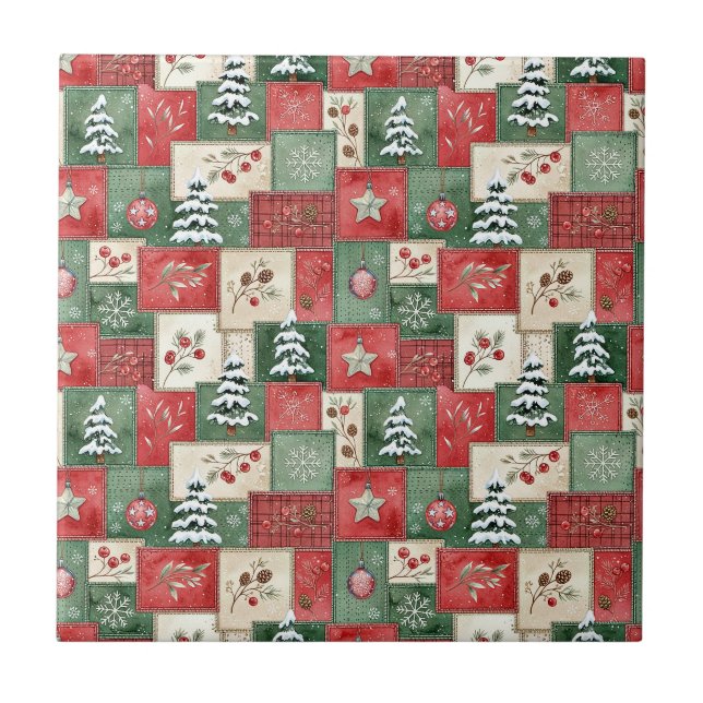 Country patchwork christmas pattern ceramic tile (Front)