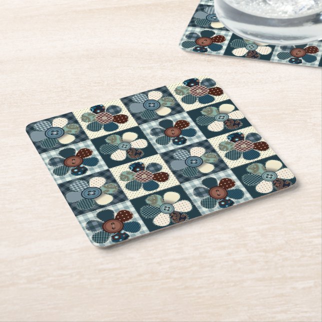 Country Patchwork Flowers   Square Paper Coaster (Angled)