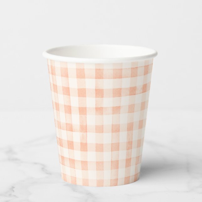 Country Peach Coloured Gingham Paper Cups (Front)