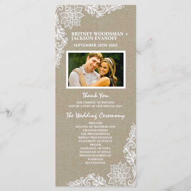 Country Photo Burlap and Lace Wedding Programs (Front)