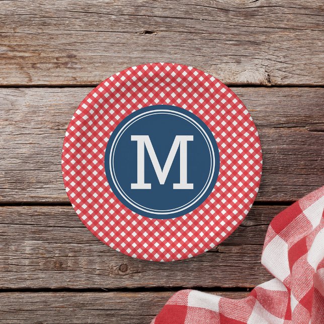 Country Picnic Red Gingham Personalise Monogram Paper Plate (Creator Uploaded)