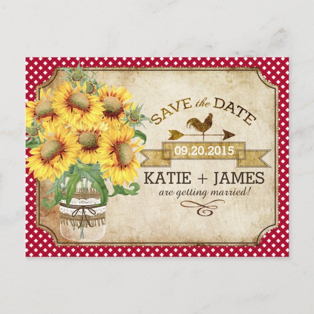 Country Picnic Sunflower Gingham Save the Date Announcement Postcard (Front)