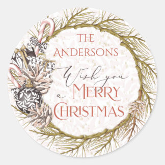 Country Pine Candy Cane Merry Christmas Classic Round Sticker