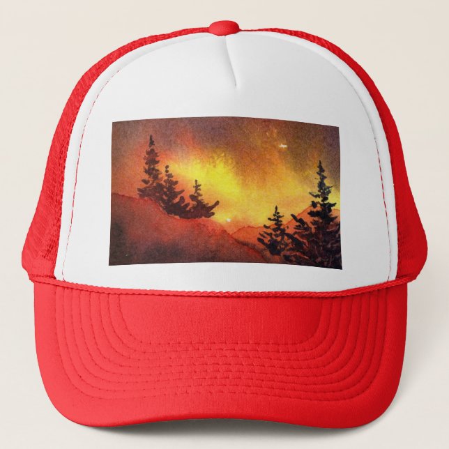 Country pine trees on a hill with a blazing sunset trucker hat (Front)