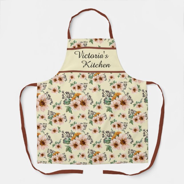 Country Pink and Rust Floral All-Over Print Apron (Front)