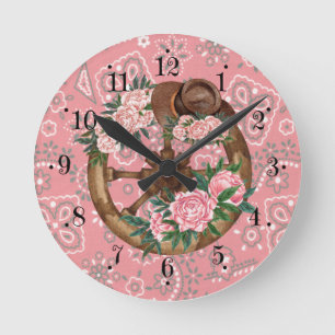 Country Pink Flower Hat Wagon Wheel Wall Clock