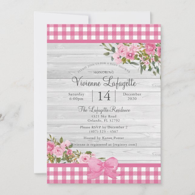 Country Pink Gingham Floral Baby Shower Invitation (Front)