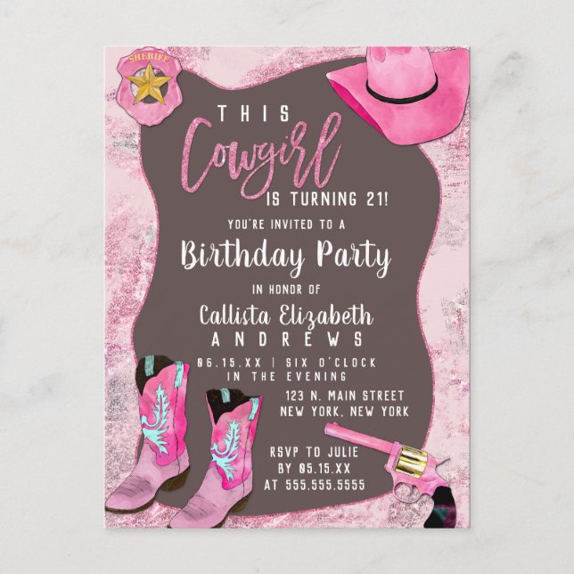 Country Pink Glitter Cowgirl Watercolor Birthday Invitation Postcard (Front)