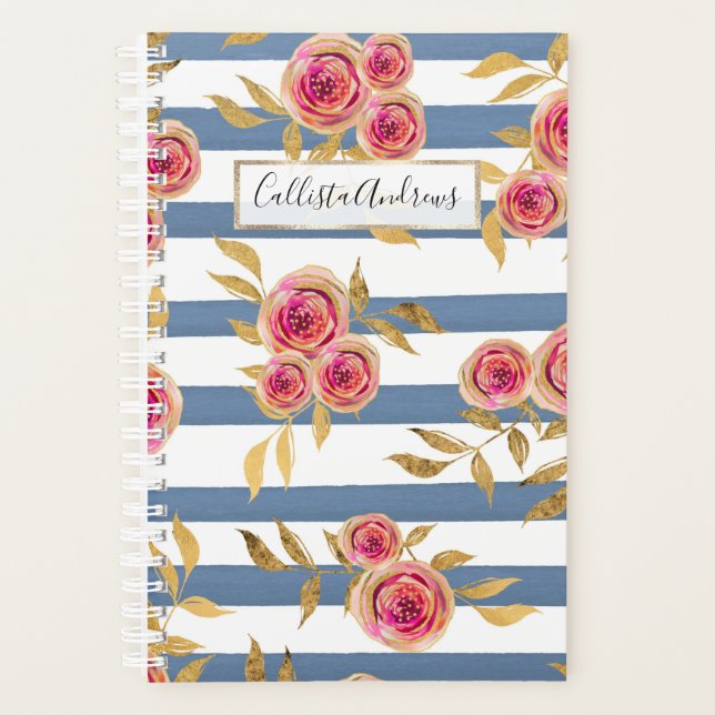 Country Pink Gold Flowers Blue Stripes Pattern Planner (Front)