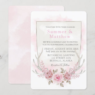 Country Pink Grey Peony Deer Antlers Wedding Invitation