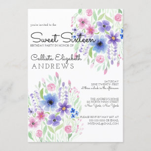 Country Pink Purple Floral Watercolor Sweet 16 Invitation