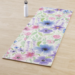 Country Pink Purple Watercolor Flowers Yoga Mat