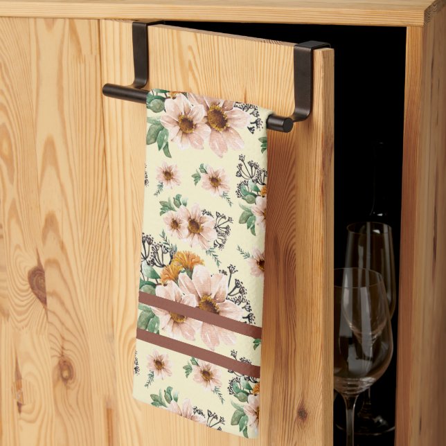 Country Pink, Yellow, Rust Floral Watercolor  Tea Towel (Thirds Fold)