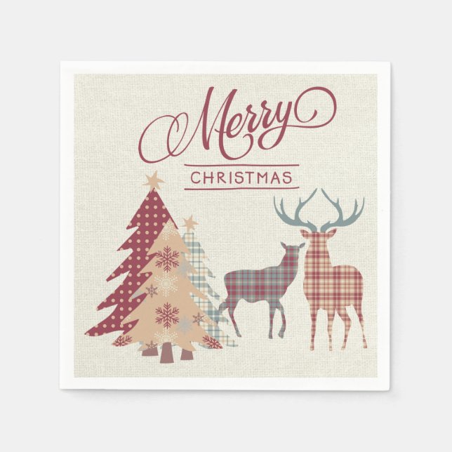 Country Plaid Merry Christmas Deer, Trees Napkins (Front)