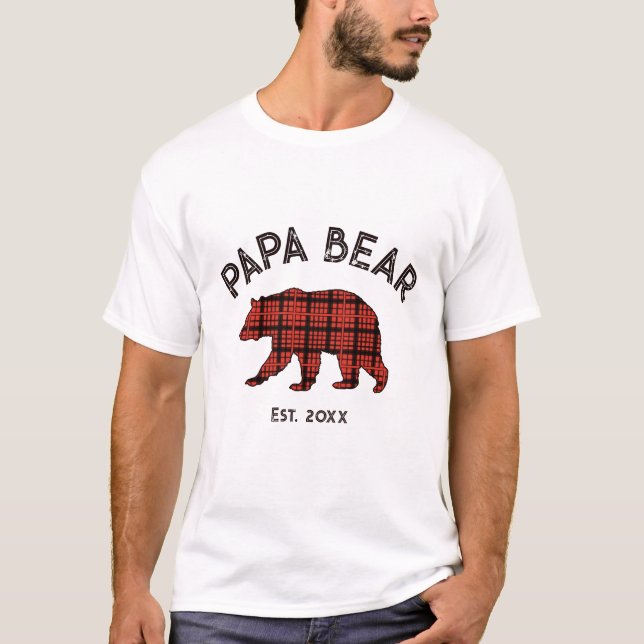 Country Plaid Papa Bear Father Year Est. White T-Shirt (Front)