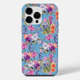 Country Pretty Garden Flowers on Blue Background iPhone 14 Pro Max Case