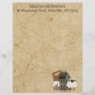 Country Prim Folk Art Green Saltbox, Sheep Custom Letterhead