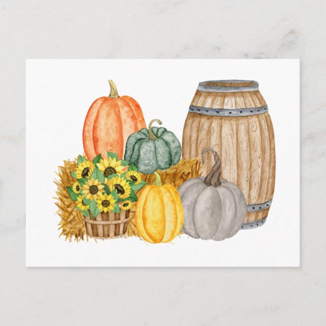 Country Pumpkin Harvest - Sunflowers and Barrel  Postcard (Front)
