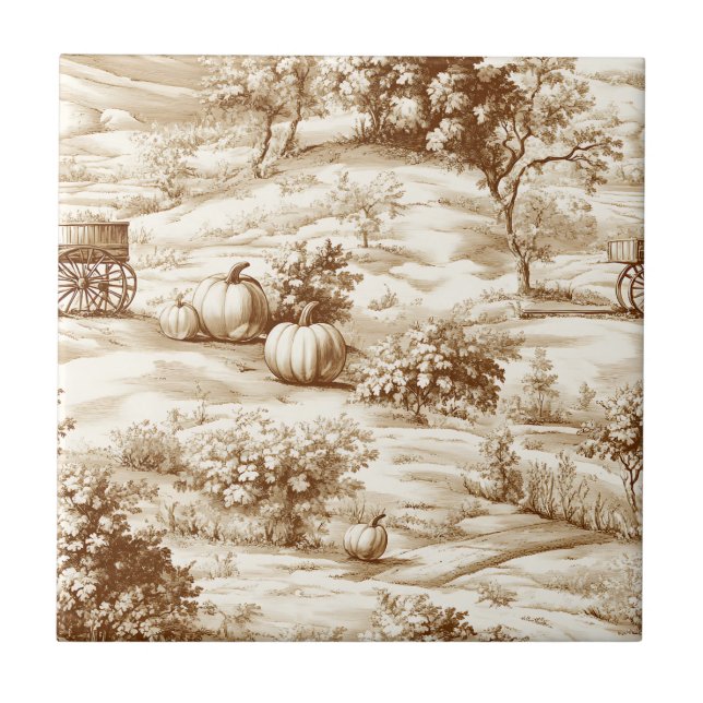 Country Pumpkin Toile in Warm Sepia Pattern Ceramic Tile (Front)
