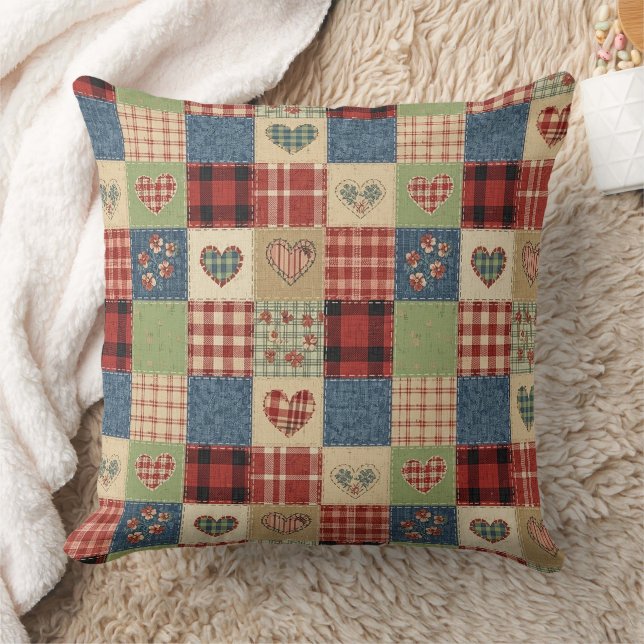 Country Quilt Heart Patchwork Red Blue Cushion (Blanket)