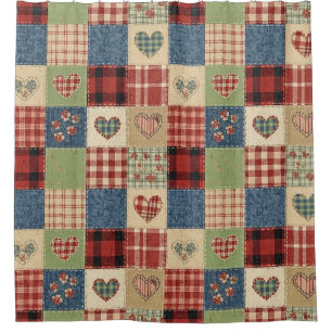 Country Quilt Heart Patchwork Red Blue Shower Curtain