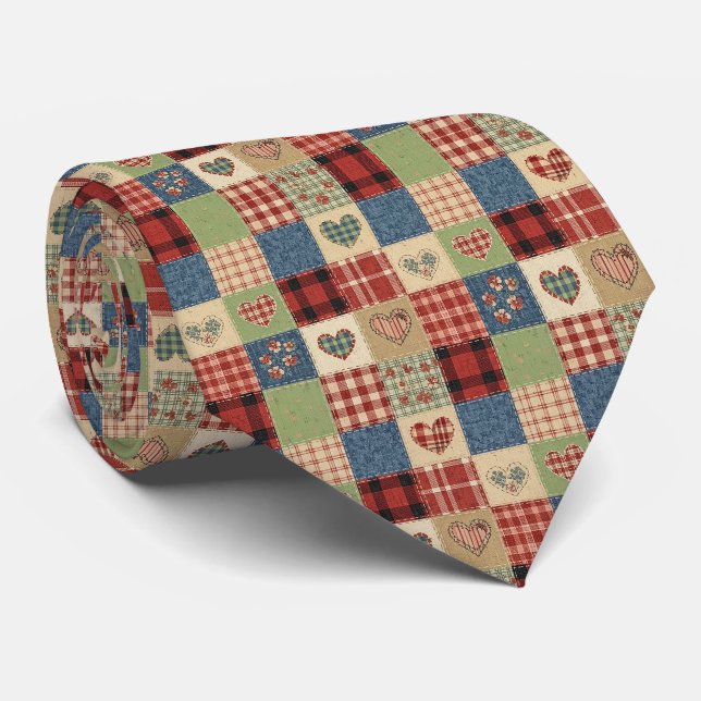 Country Quilt Heart Patchwork Red Blue Tie (Rolled)