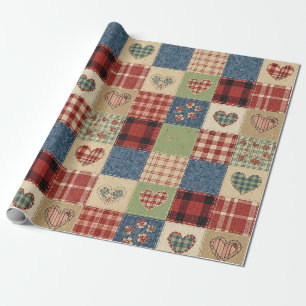 Country Quilt Heart Patchwork Red Blue Wrapping Paper