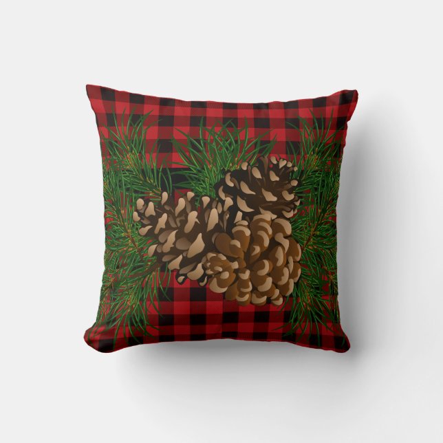 Country red and black plaid pine cone cushion (Front)
