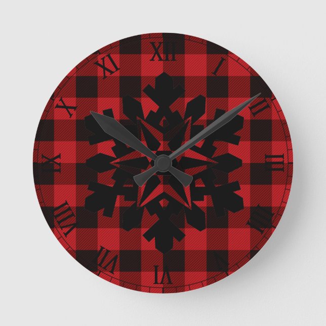 Country red and black plaid -snowflake round clock (Front)