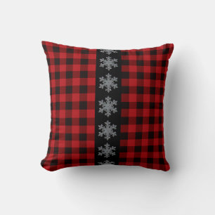 Country red and black plaid - snowflakes cushion
