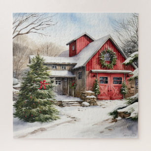 Country Red Barn In Winter Jigsaw Puzzle