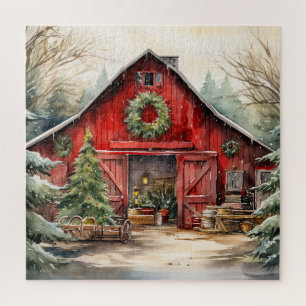 Country Red Barn In Winter Jigsaw Puzzle