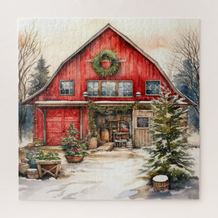 Country Red Barn In Winter Jigsaw Puzzle