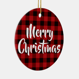 Country red, black buffalo plaid - Merry Christmas Ceramic Ornament