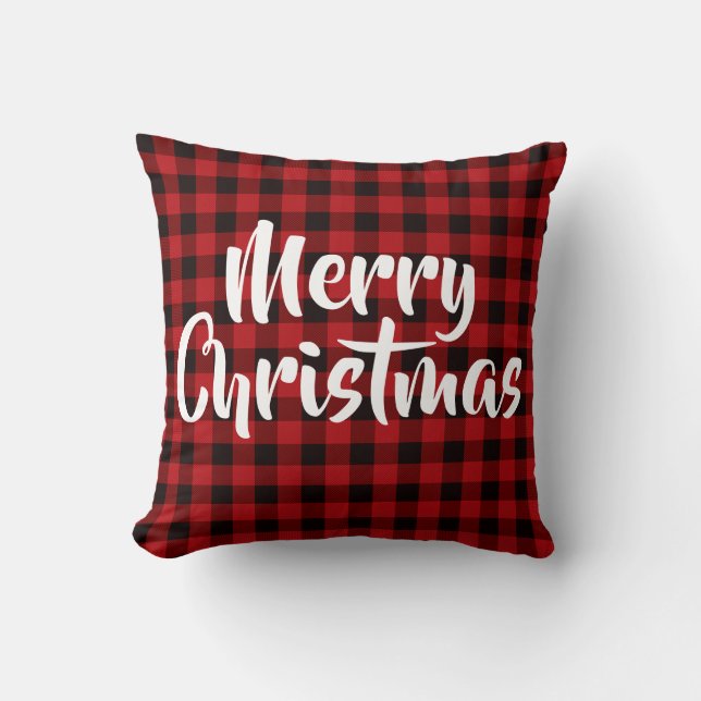 Country red, black buffalo plaid - Merry Christmas Cushion (Front)