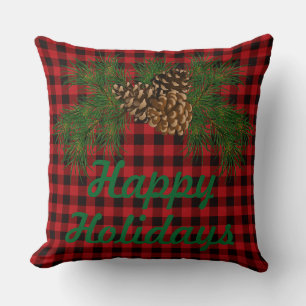 Country red, black buffalo plaid, pinecone cushion