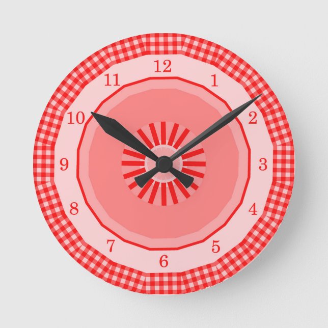 Country Red Gingham Checks Round Clock (Front)