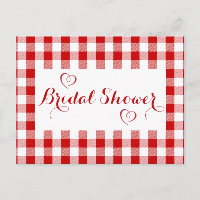 Country Red Gingham Plaid Rustic Bridal Shower Invitation Postcard (Front)