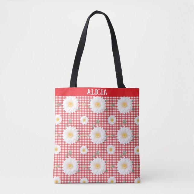 Country Red Gingham with White Flowers Tote Bag (Front)