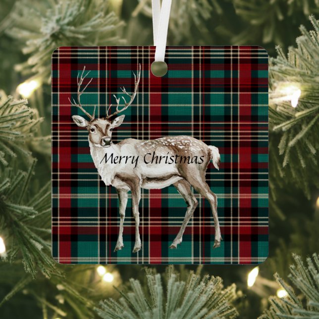 Country Red Green Plaid Christmas Deer Metal Tree Decoration (Insitu)