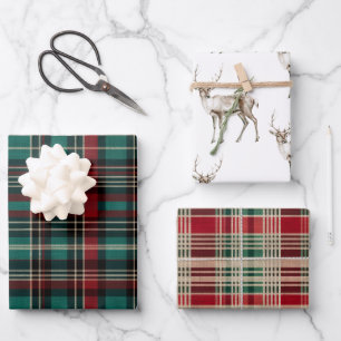 Country Red Green Plaid Christmas Deer Wrapping Paper Sheet