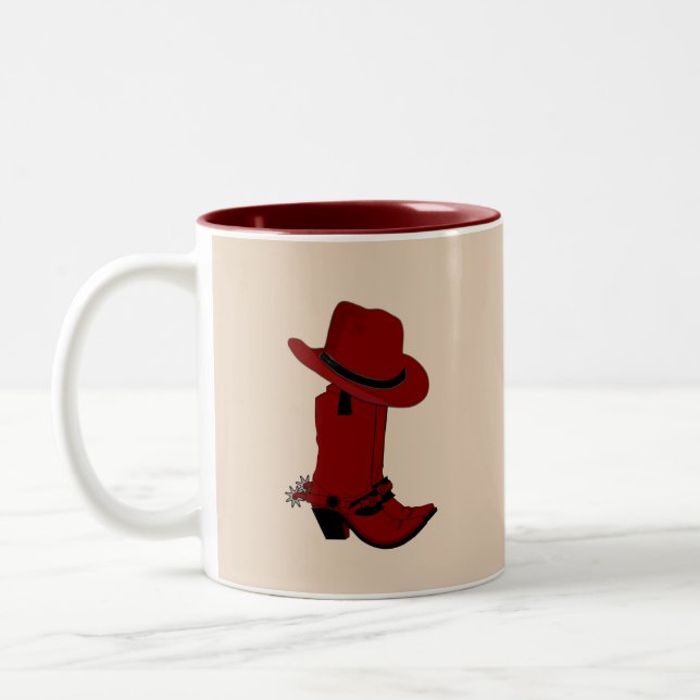Country Red Hat & Boots  on Beige Two-Tone Coffee Mug (Left)