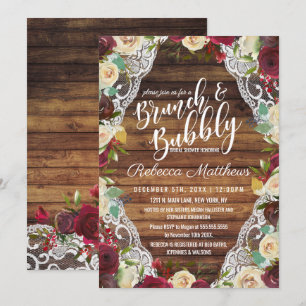 Country Red Ivory Floral Lace Wood Brunch Bubbly Invitation