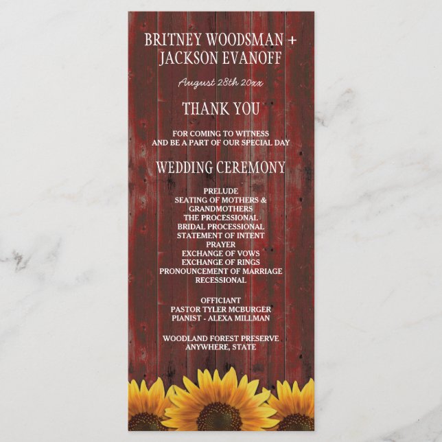Country Red Wood Rustic Sunflower Wedding Programs (Front)