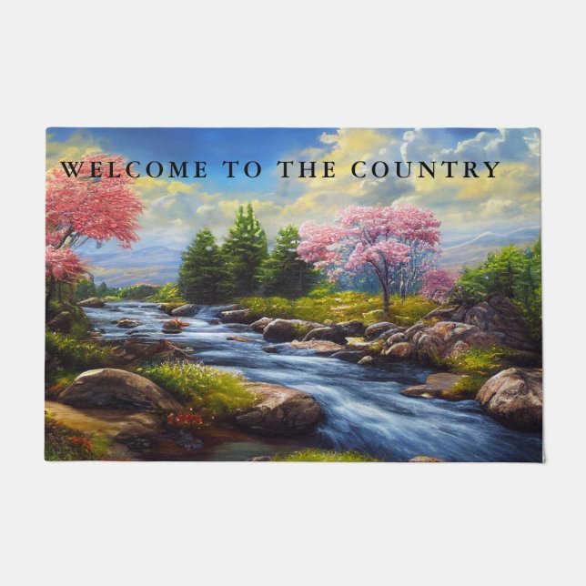 Country River Landscape Apple Trees Rock Shore Doormat (Front)